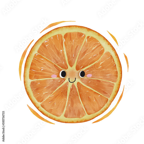 Watercolor cute orange slice cartoon character.