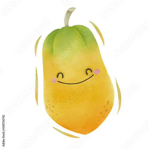 Watercolor cute papaya cartoon character.