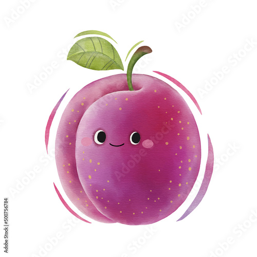 Watercolor cute plum cartoon character.