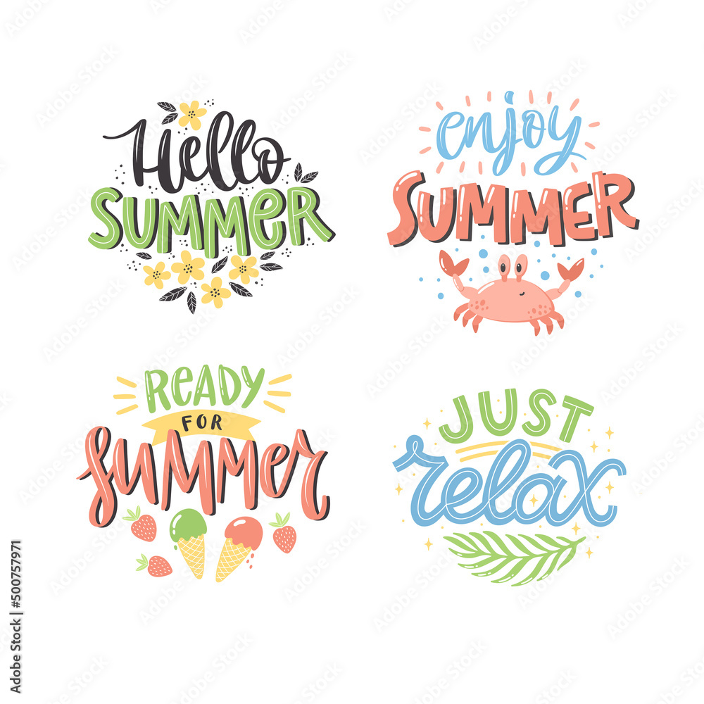 Colourful summer lettering set in modern style. Hand-drawn holiday decorations. Isolated vector illustration designs with summer elements. Vector typography collection.