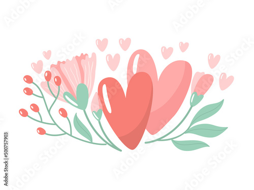 Vector illustration for Valentine day. Two hearts with flowers on white background. Creative greeting card with hand-drawn decorative elements. Elegant feminine design. © Elena