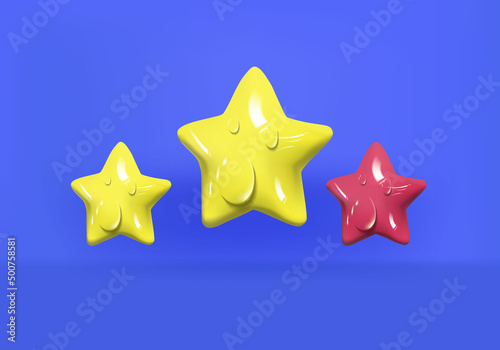 Yellow star with drop water. Customer rating feedback, rang, rating, achievements and decor concept. 3d vector icon. Cartoon minimal style.