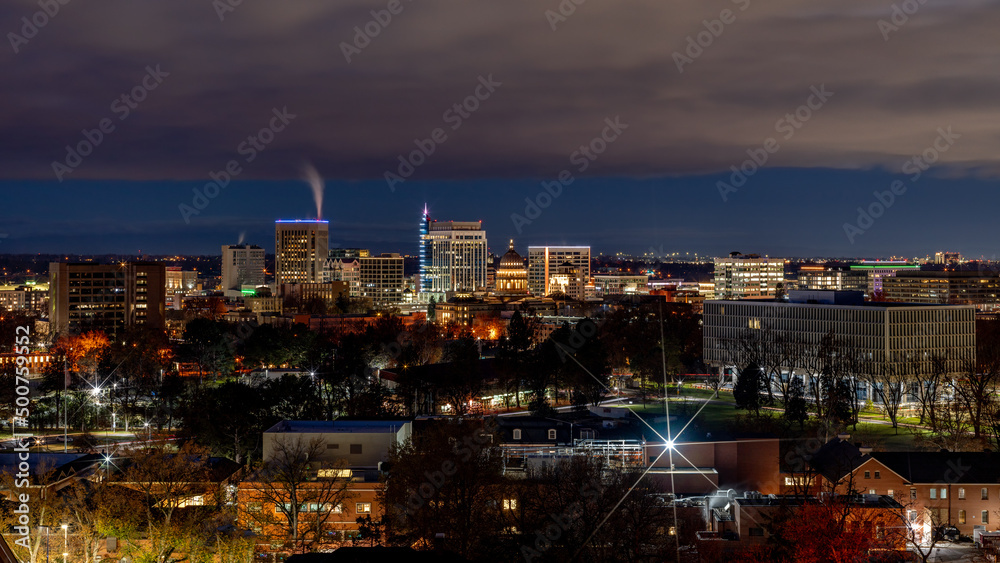 Boise skyline at night with large light star