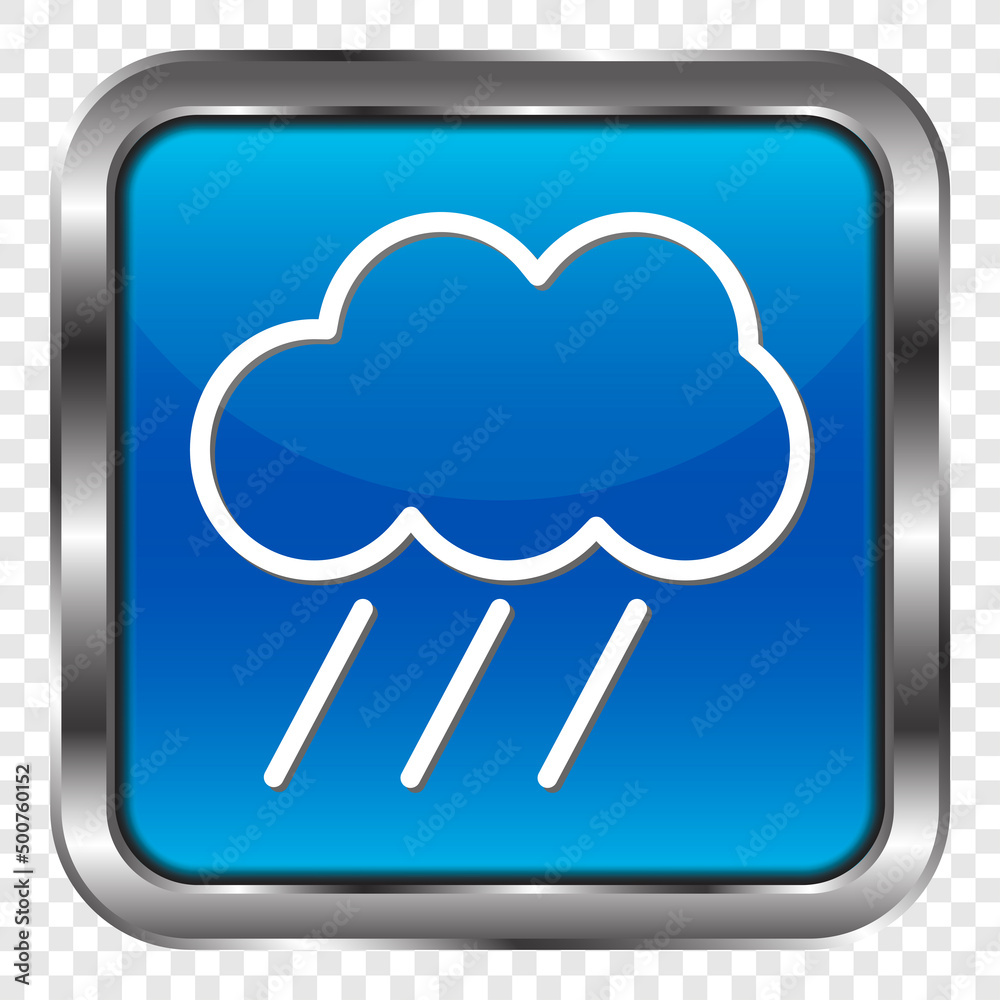 Cloud rain simple icon. Flat design. Metal, blue square button. Transparent grid.ai Cloud rain simple icon. Flat design. Metal, blue square button. Transparent grid.ai