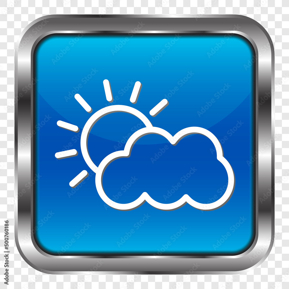 Cloud sun simple icon. Flat design. Metal, blue square button. Transparent grid.ai