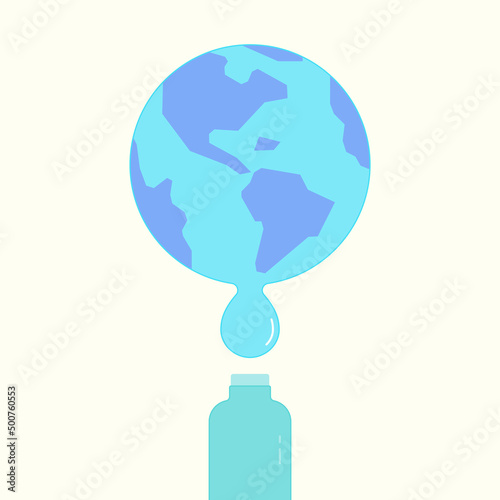Refill bottle with water dropping from the earth as a gimmick of eco-friendly action. Vector illustration outline flat design style.