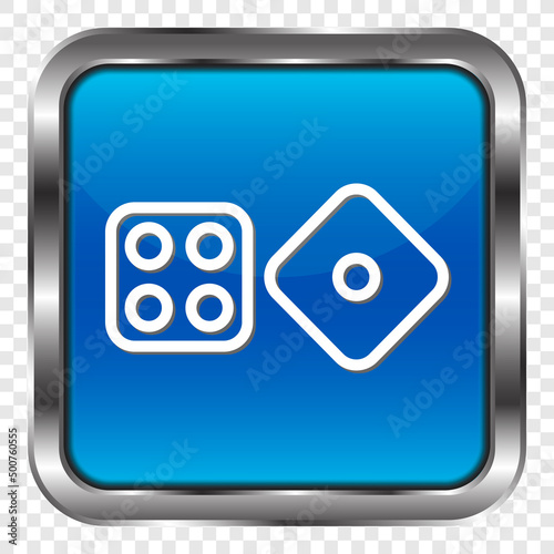 Dices simple icon vector. Flat design. Metal, blue square button. Transparent grid.ai