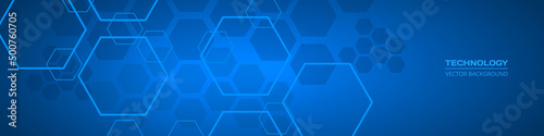 Technology dark blue wide abstract background with hexagonal elements. Abstract hexagon medical navy blue horizontal banner. Innovation medicine, science, technology or high intelligence design.
