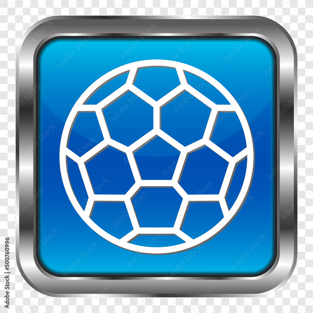 Football simple icon vector. Flat design. Metal, blue square button. Transparent grid.ai