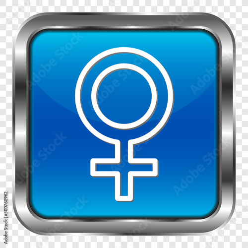 Female simple icon vector. Flat design. Metal, blue square button. Transparent grid.ai