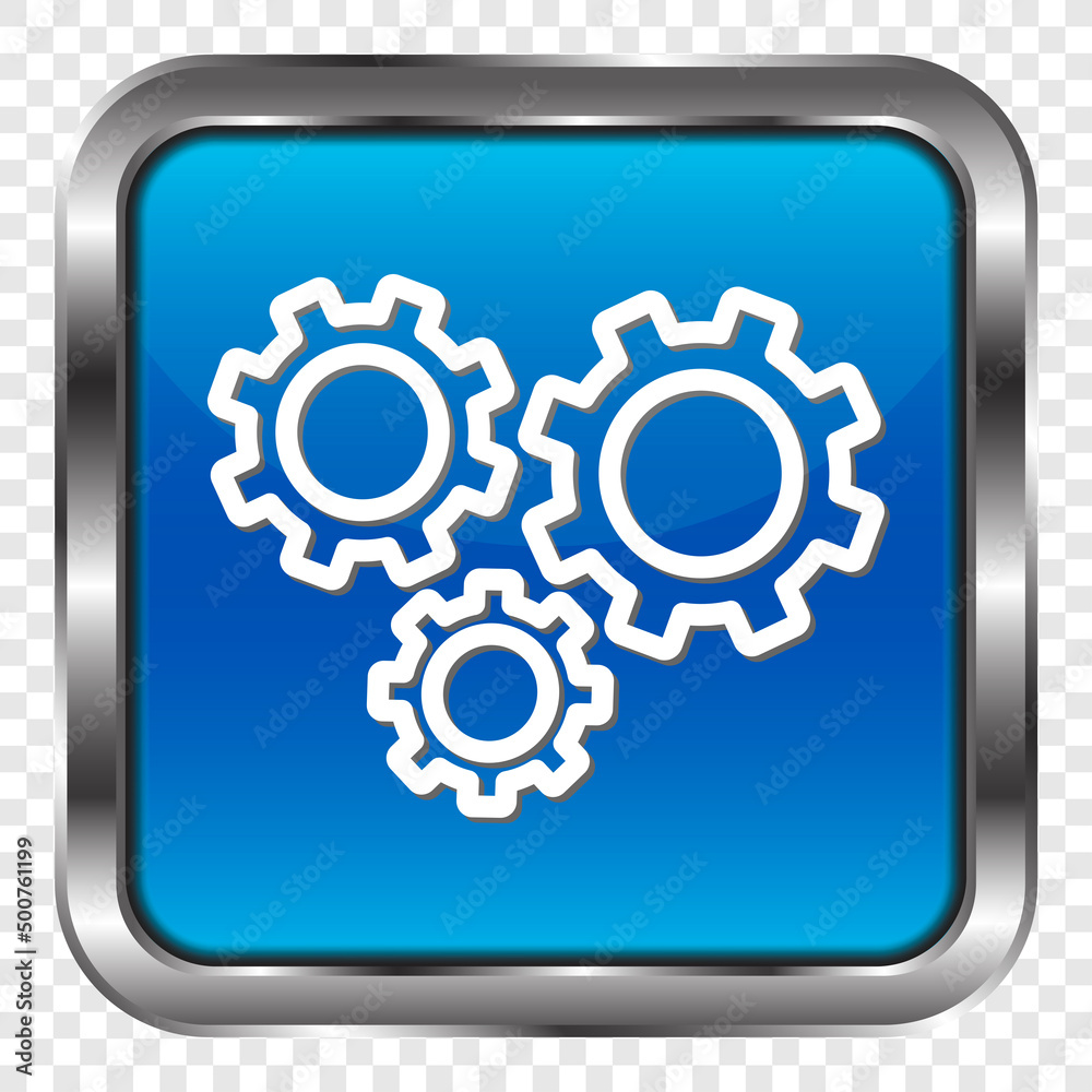 Gears simple icon vector. Flat design. Metal, blue square button. Transparent grid.ai Gears simple icon vector. Flat design. Metal, blue square button. Transparent grid.ai