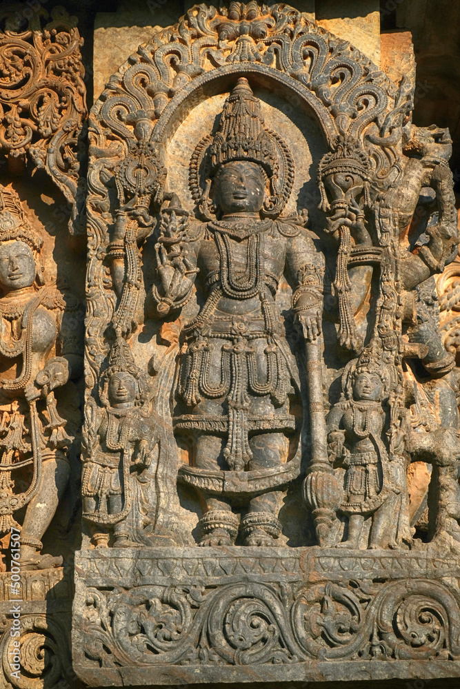 21 December 2021, Halebidu, Karnataka, India, Hoysaleswara Temple sculpture work, 12th-century Hindu temple dedicated to Shiva, It is the largest monument in Halebidu, the former Hoysala capital.