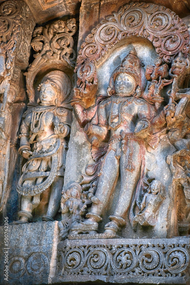 21 December 2021, Halebidu, Karnataka, India, Hoysaleswara Temple sculpture work, 12th-century Hindu temple dedicated to Shiva, It is the largest monument in Halebidu, the former Hoysala capital.