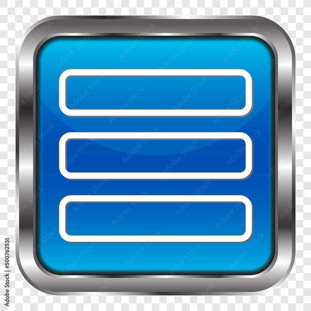 Menu vector simple icon. Flat design. Metal, blue square button. Transparent grid.ai Menu vector simple icon. Flat design. Metal, blue square button. Transparent grid.ai
