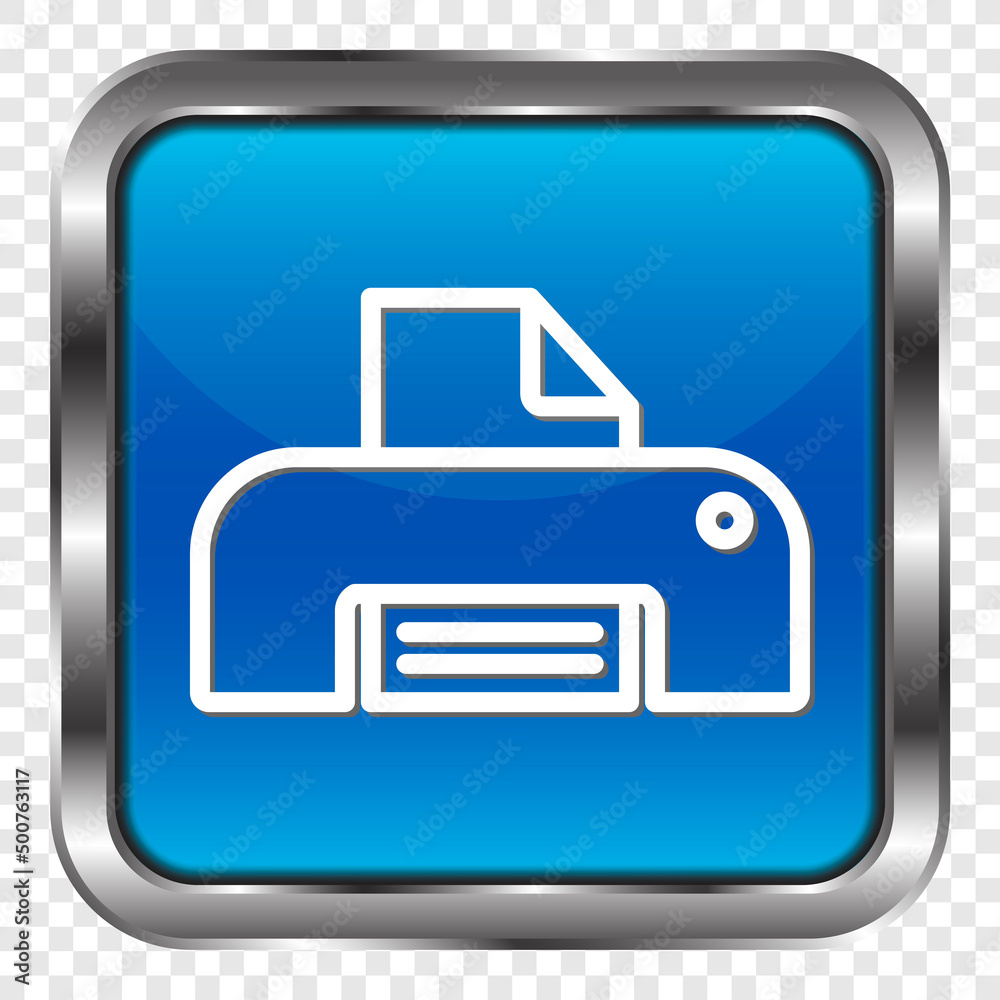 Printer, print simple icon. Flat design. Metal, blue square button. Transparent grid.ai Printer, print simple icon. Flat design. Metal, blue square button. Transparent grid.ai