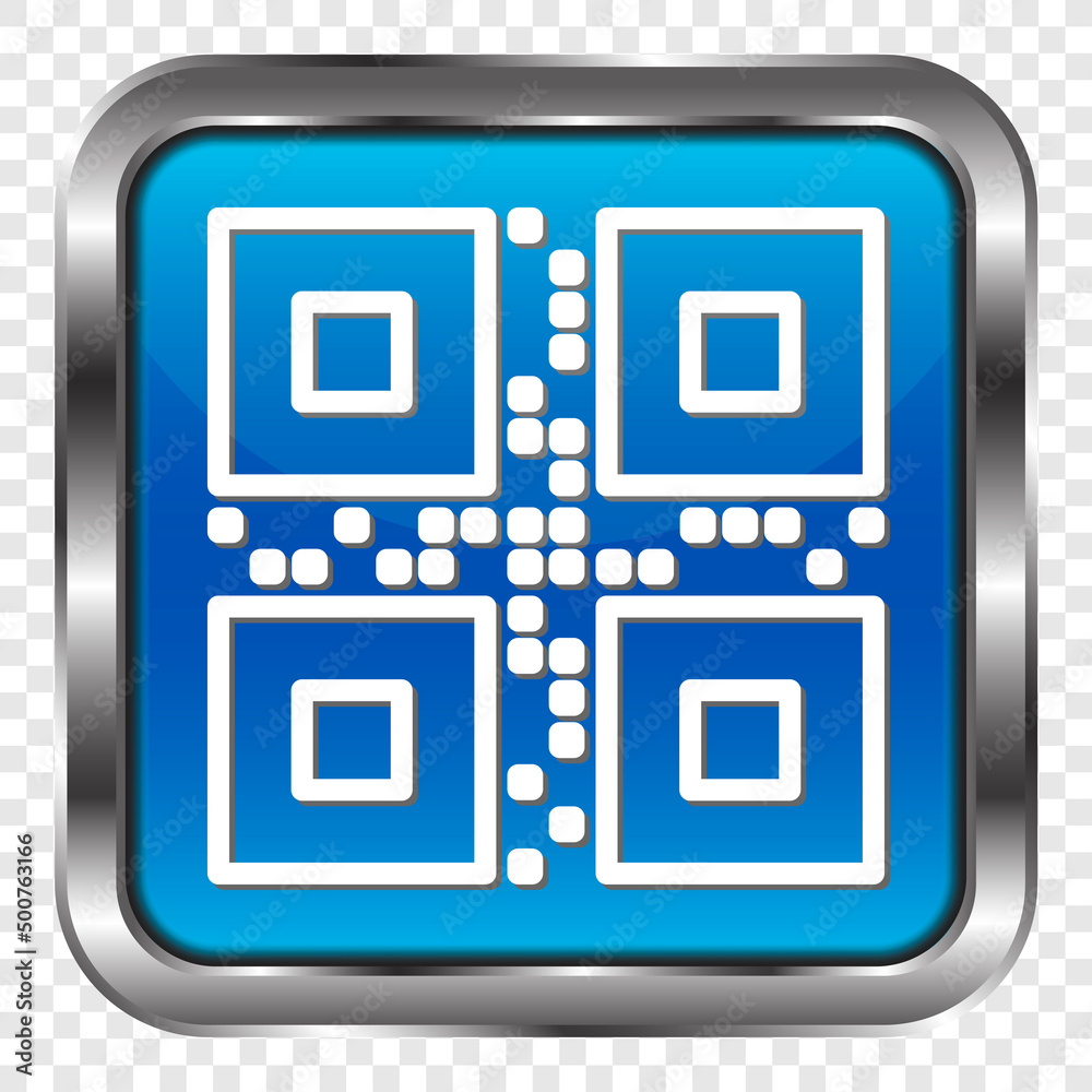 QR code simple icon. Flat design. Metal, blue square button. Transparent grid.ai QR code simple icon. Flat design. Metal, blue square button. Transparent grid.ai