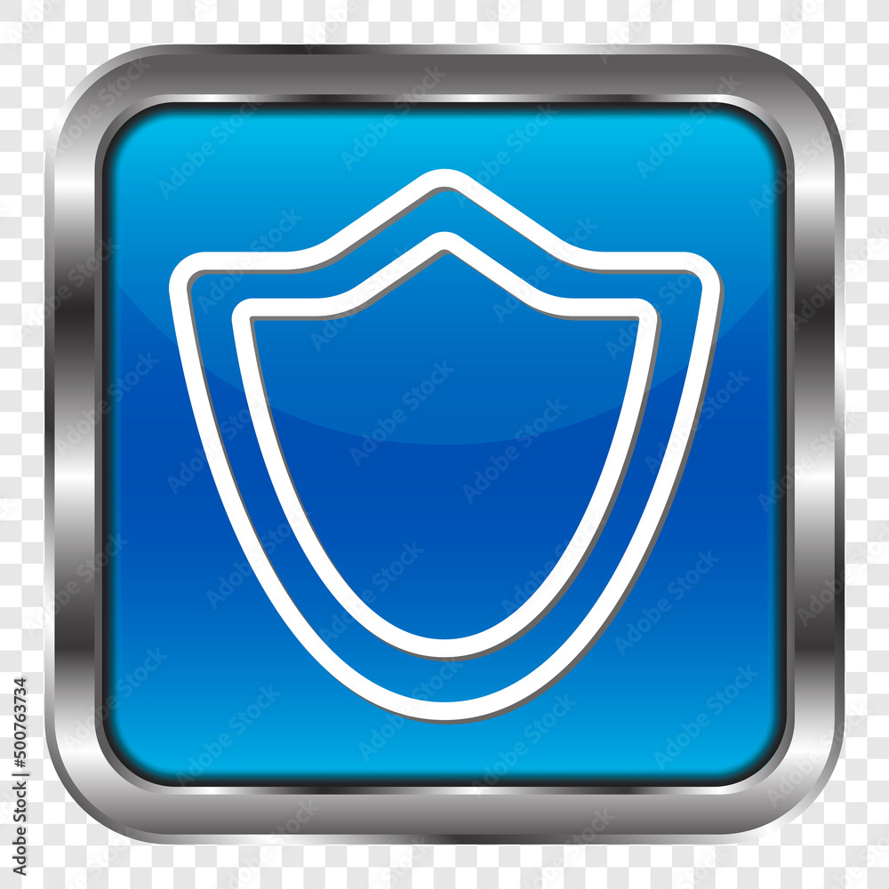 Sheild protection simple icon. Flat design. Metal, blue square button. Transparent grid.ai Sheild protection simple icon. Flat design. Metal, blue square button. Transparent grid.ai