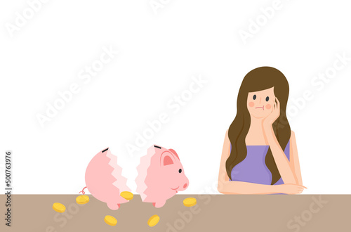 Flat design of woman and broken piggy bank vector, Asian woman looking at few money on table, A girl and piggy bank on white background vector, Flat design of money management concept vector.