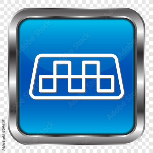 Taxi simple icon vector. Flat design. Metal, blue square button. Transparent grid.ai