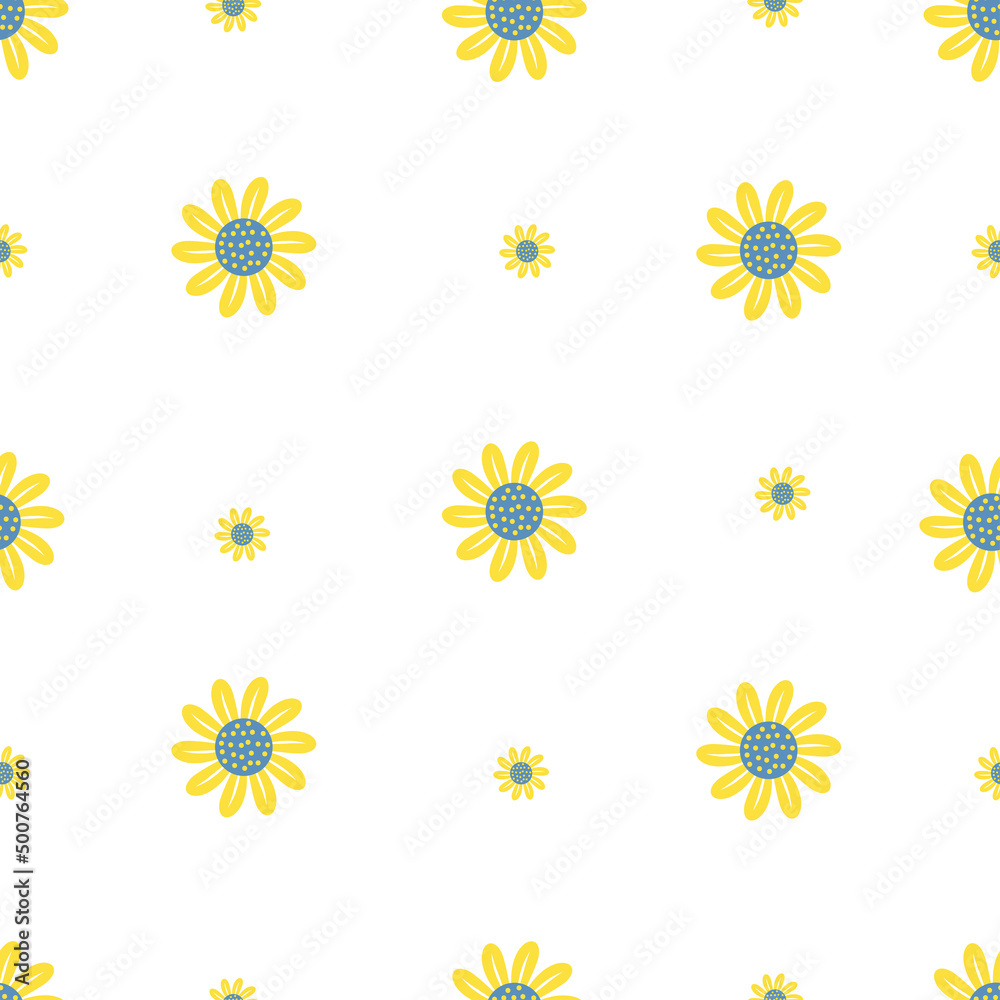 Obraz premium Floral seamless pattern. decorative yellow flower on white background. Vector illustration. Botanical simple pattern with sunflowers for decoration, design, packaging, wallpaper, textile and paper