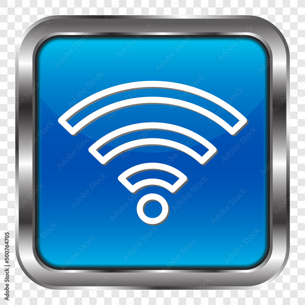 WiFi simple icon vector. Flat design. Metal, blue square button. Transparent grid.ai