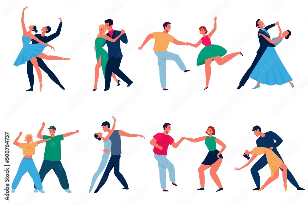 Dancing couples. Cartoon professional dancers characters, men and women in performing outfits. Modern types dance latin and tango, waltz and disco. People in ballroom, music party vector set