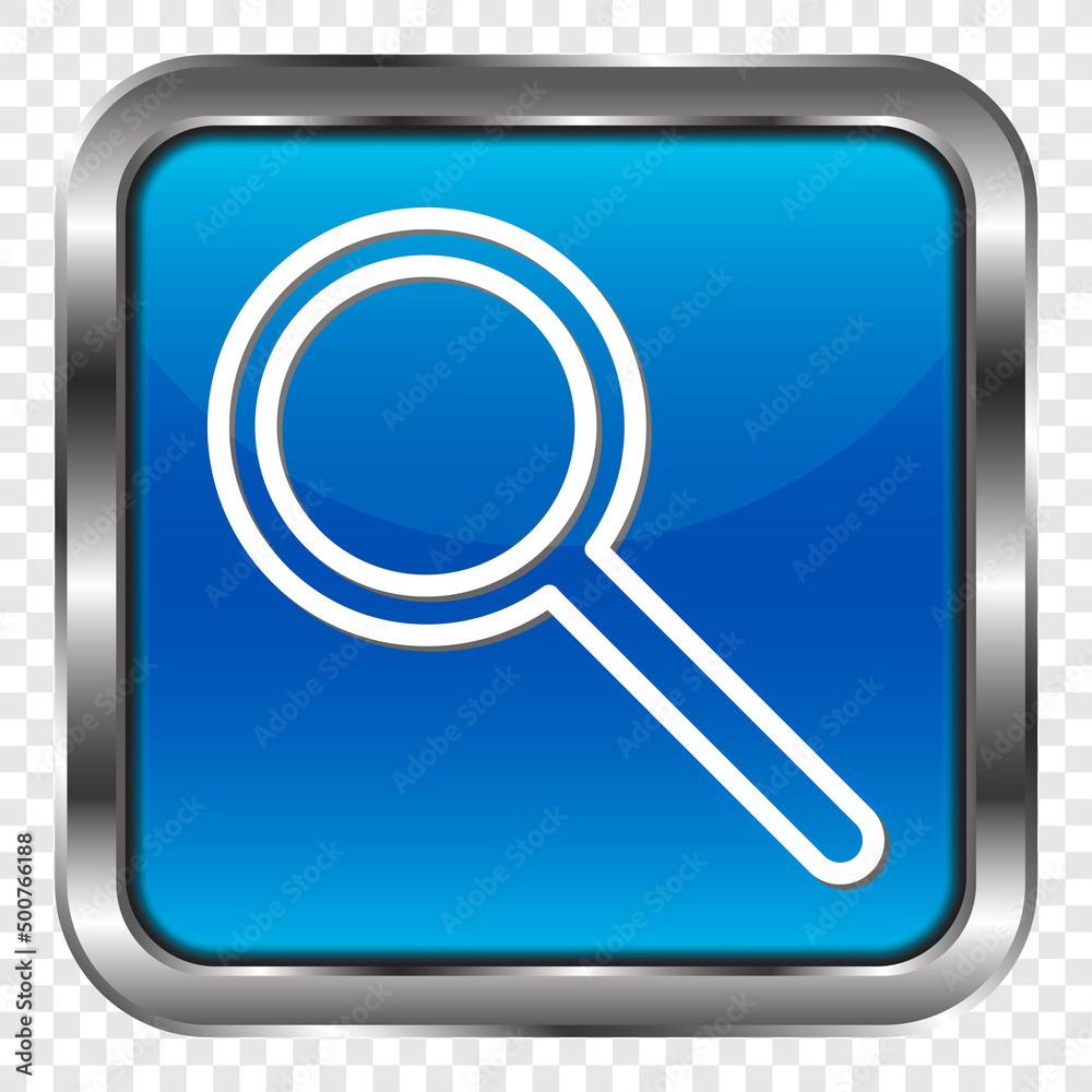 Magnifier, zoom simple icon vector. Flat design. Metal, blue square button. Transparent grid.ai Magnifier, zoom simple icon vector. Flat design. Metal, blue square button. Transparent grid.ai