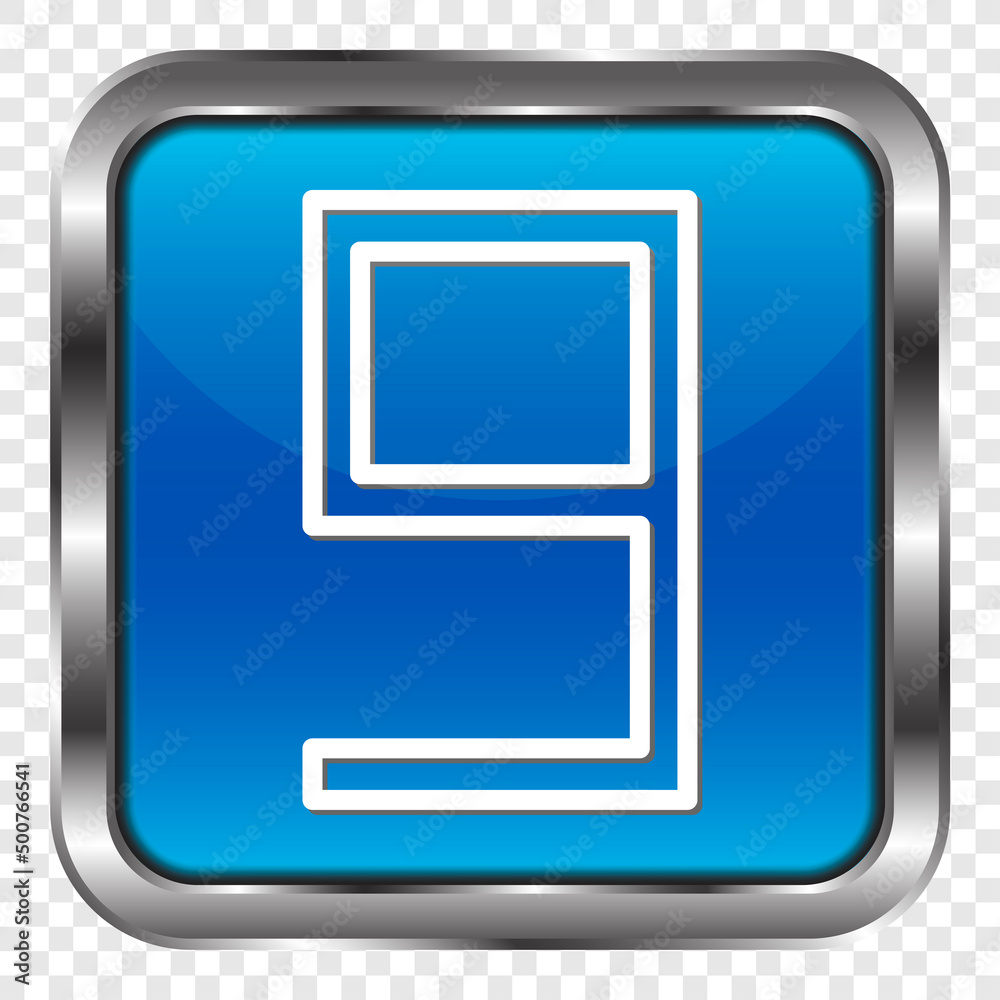 Number nine, numeral simple icon vector. Flat design. Metal, blue square button. Transparent grid.ai Number nine, numeral simple icon vector. Flat design. Metal, blue square button. Transparent grid.ai