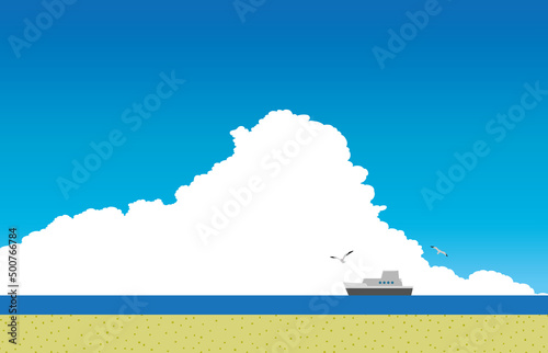 夏休みの海辺 砂浜と水平線と舟とカモメと青空 5