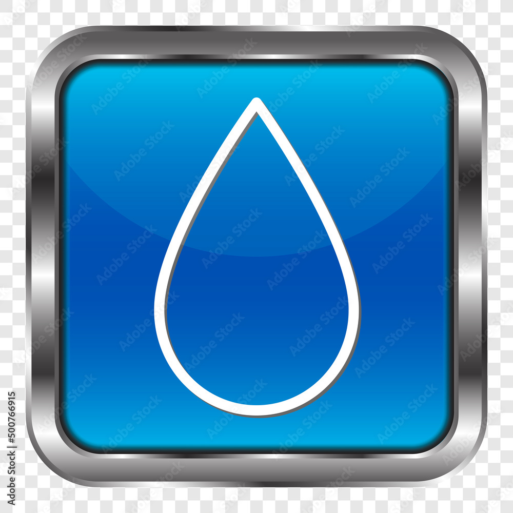 Water drop simple icon vector. Flat design. Metal, blue square button. Transparent grid.ai Water drop simple icon vector. Flat design. Metal, blue square button. Transparent grid.ai