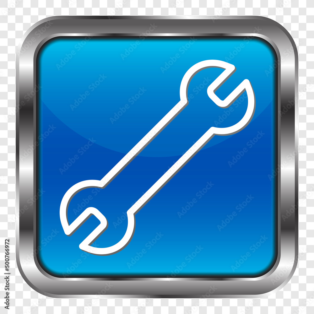 Wrench simple icon vector. Flat design. Metal, blue square button. Transparent grid.ai Wrench simple icon vector. Flat design. Metal, blue square button. Transparent grid.ai