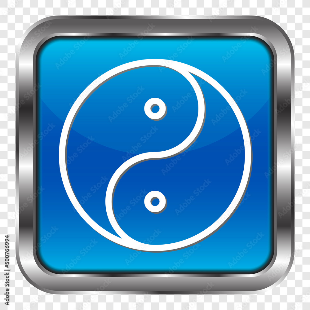 Yin Yang simple icon vector. Flat design. Metal, blue square button. Transparent grid.ai