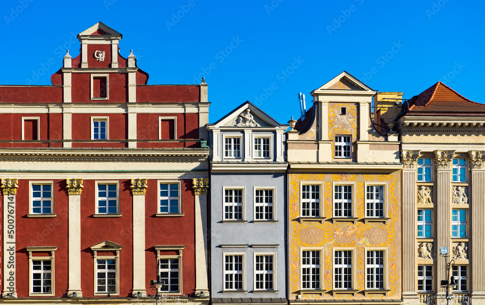 colorful houses in Europe. Old buildings of stone houses decorated in multicolored colors. Color buildings in Poznan, Poland