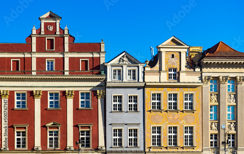colorful houses in Europe. Old buildings of stone houses decorated in multicolored colors. Color buildings in Poznan, Poland