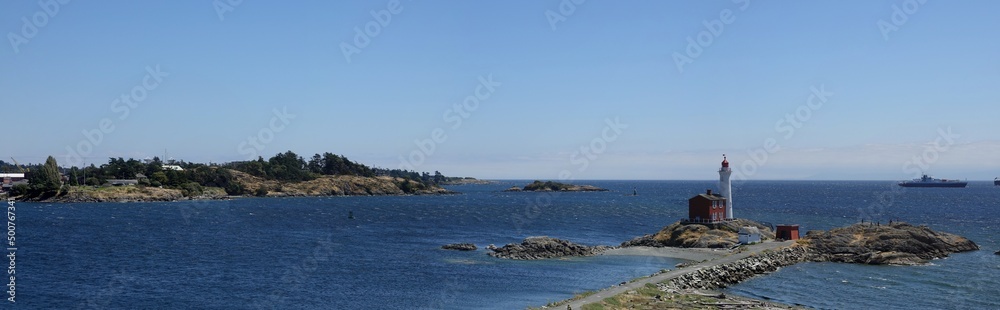 Panorama view of Fisgard Lighthouse at shores of Victoria Island BC Canada
Panorama view of Fisgard Lighthouse at shores of Victoria Island BC Canada