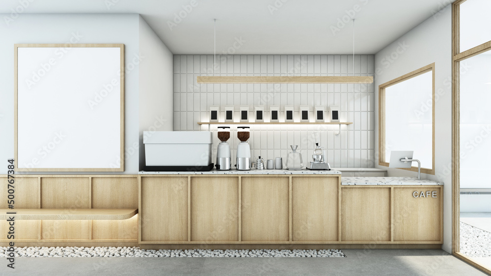 Cafe shop Restaurant design japanese style,Counter light wood,Wall back  white tiles wall,Wood frame mock up on white wall,Concrete floors -3D  render Stock-Illustration | Adobe Stock