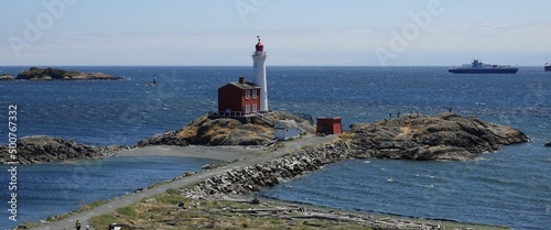 Panorama view of Fisgard Lighthouse at shores of Victoria Island BC Canada 