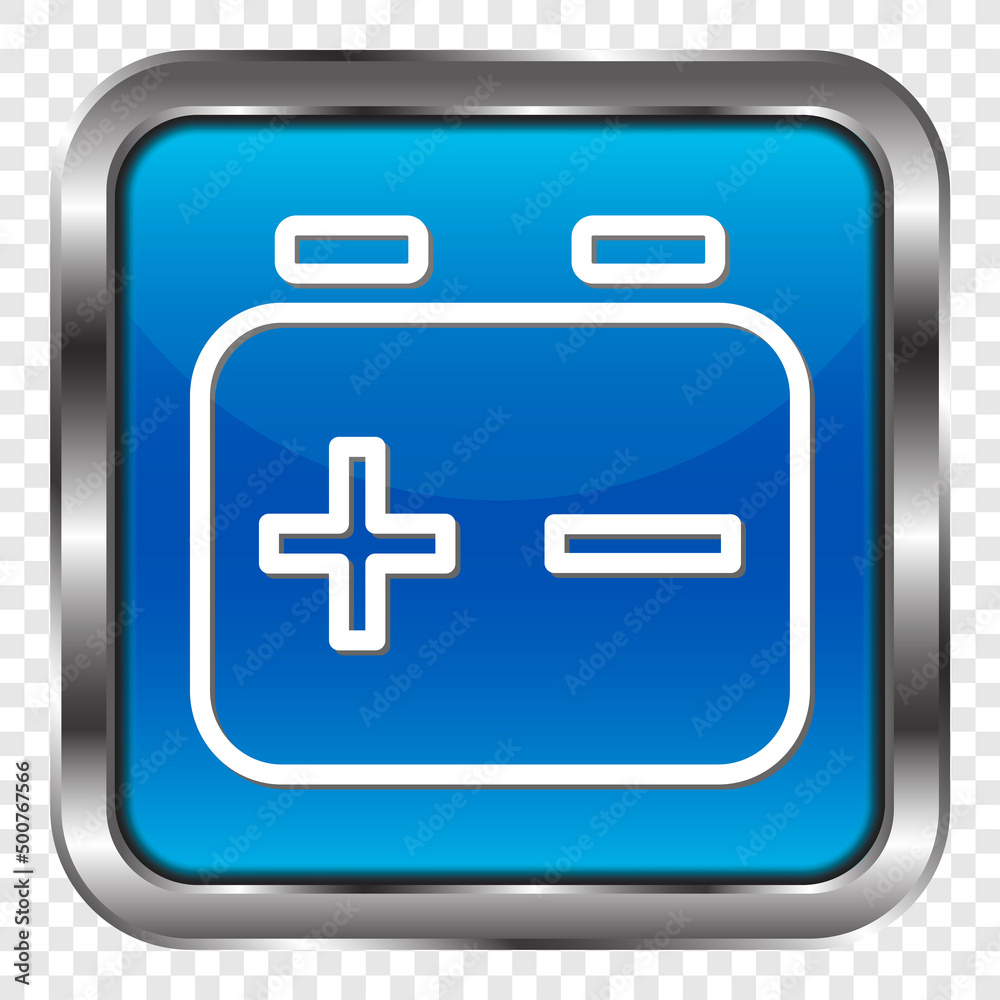 Battery accumulator simple icon. Flat design. Metal, blue square button. Transparent grid.ai
