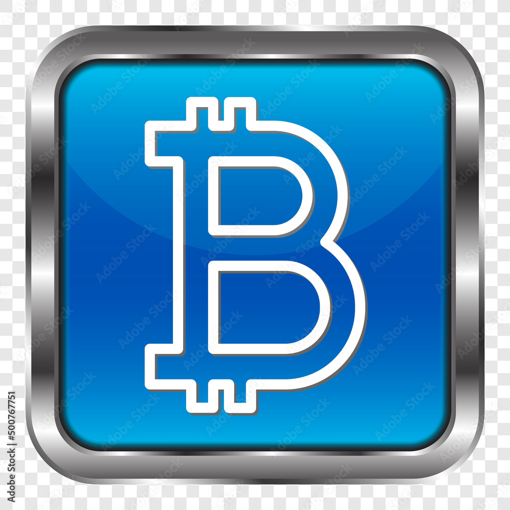 Bitcoin simple icon vector. Flat design. Metal, blue square button. Transparent grid.ai Bitcoin simple icon vector. Flat design. Metal, blue square button. Transparent grid.ai