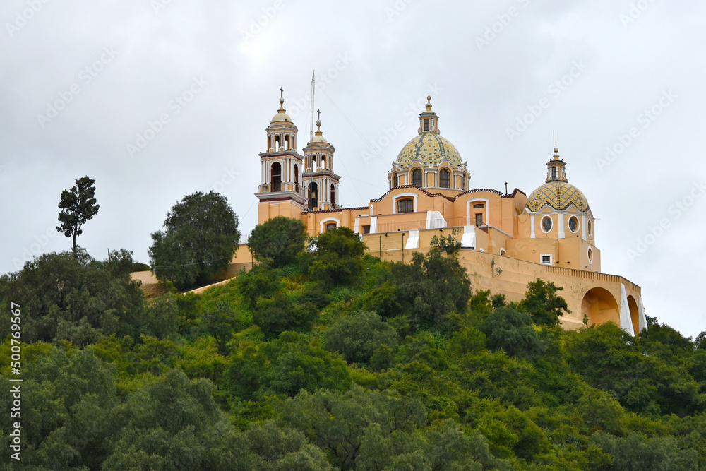 Church of Our Lady of Help in Cholula, an archaeological site with a pre-Columbian pyramid, Cholula, Puebla, Mexico.