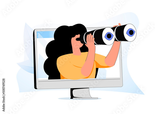 An Internet search, discovery process, exploration, looking forward binoculars. Mission, identification, surveillance