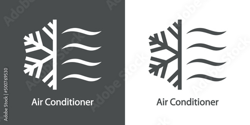 Reparación y servicio de aire acondicionado. Logo lineal con texto Air Conditioner con copo de nieve y olas en fondo gris y fondo blanco