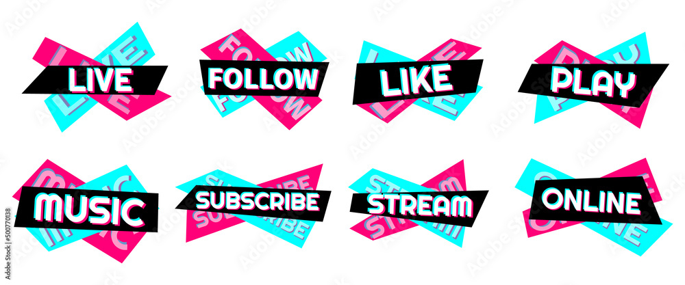 Set of stickers for a popular social network. Black - blue  - pink sticker on white background. Modern advertising social media design. - obrazy, fototapety, plakaty 