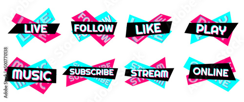 Set of stickers for a popular social network. Black - blue  - pink sticker on white background. Modern advertising social media design.