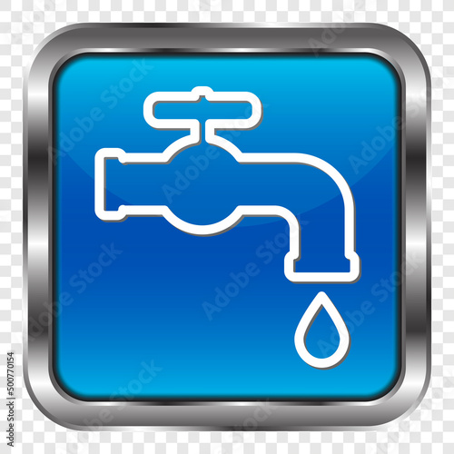 Water tap simple icon. Flat design. Metal, blue square button. Transparent grid.ai