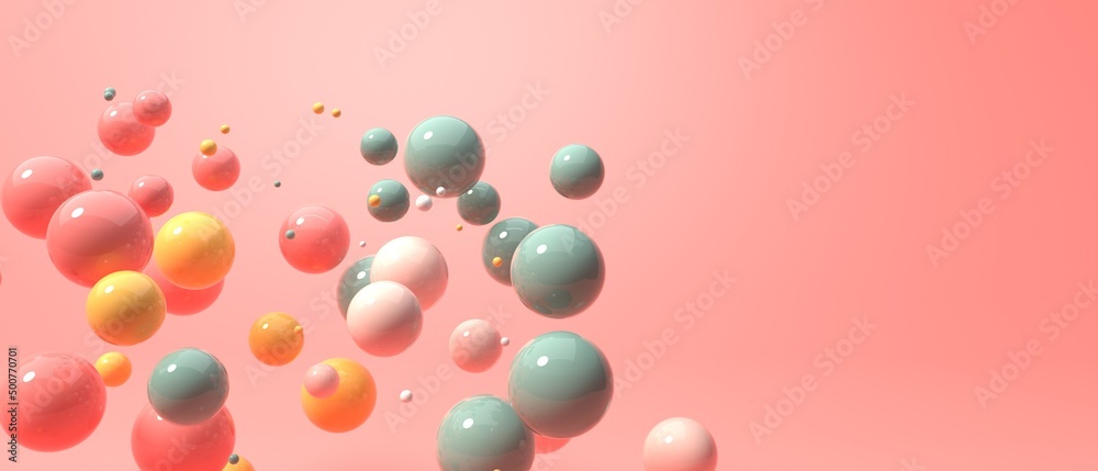 Scattered floating colored spheres on a vibrant background - 3D render ...