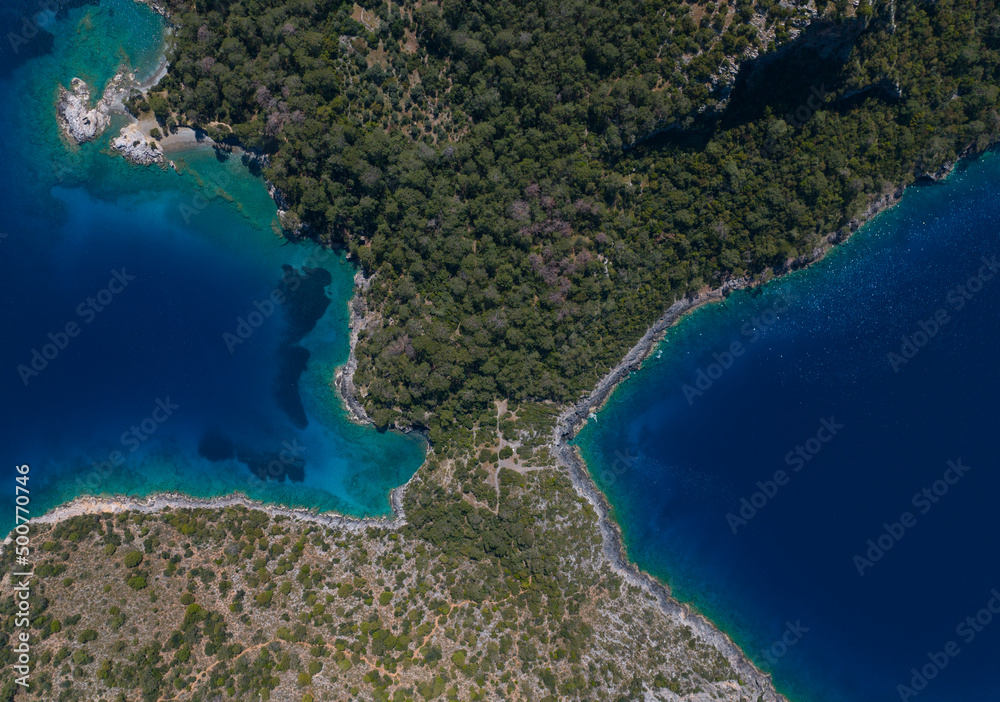 Turquoise Sea in the Kabak Coast Drone Photo, Fethiye Mugla Turkey