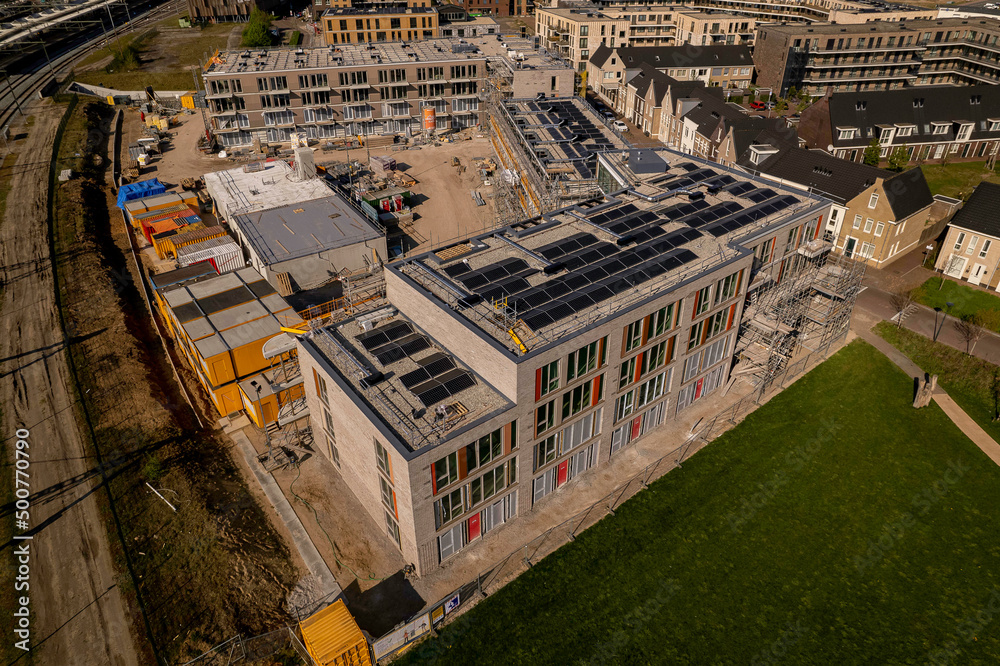 Overview aerial of construction site in Zutphen of real estate