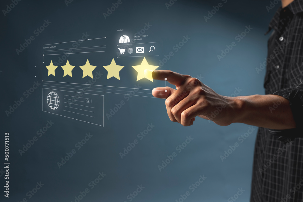 Rise on increasing five stars in human hand, Increase rating evaluation classification
