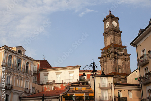 Clock tower or Torre dell'Orologio in the town Avellino, capital of the province of Irpinia in the Campania region of southern Italy. Avellino old town. Campania, Italy